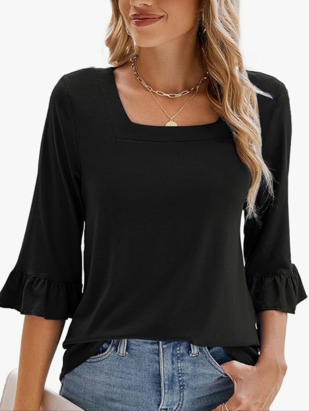 Women's Square Neck Ruffle Sleeve Top - Black